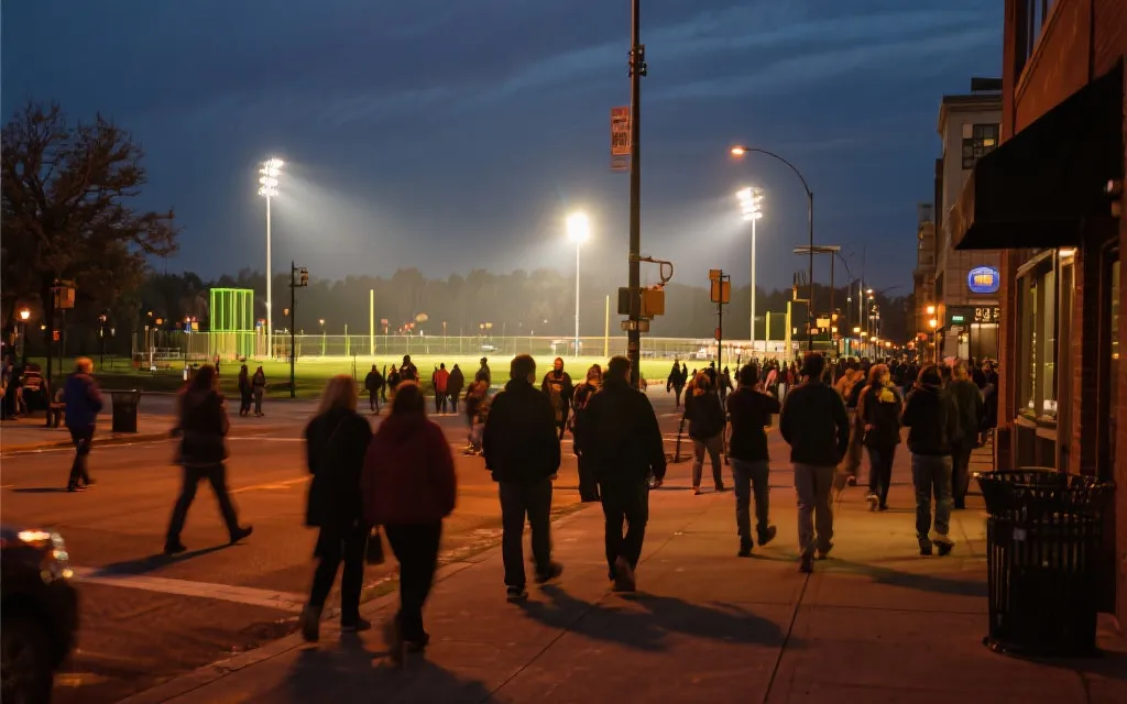 北美城市傍晚散步的人群与远处球场灯光，表现抵达后用散步与光线调整时差