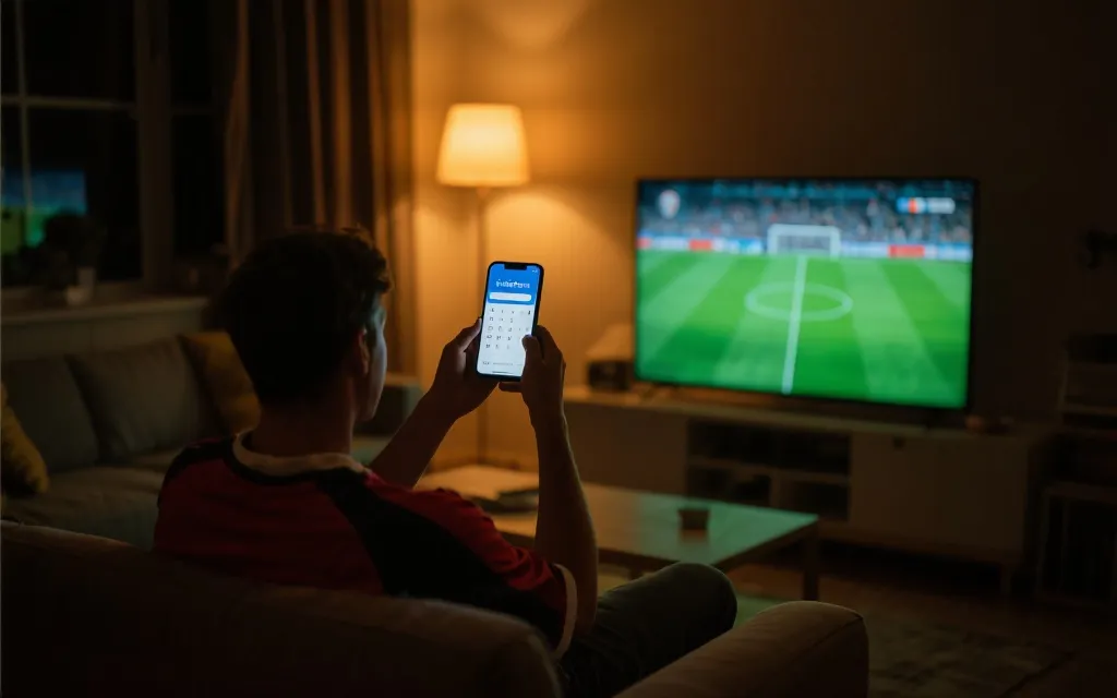 深夜客厅里球迷观看足球赛,手机与电视同步显示赛程与提醒